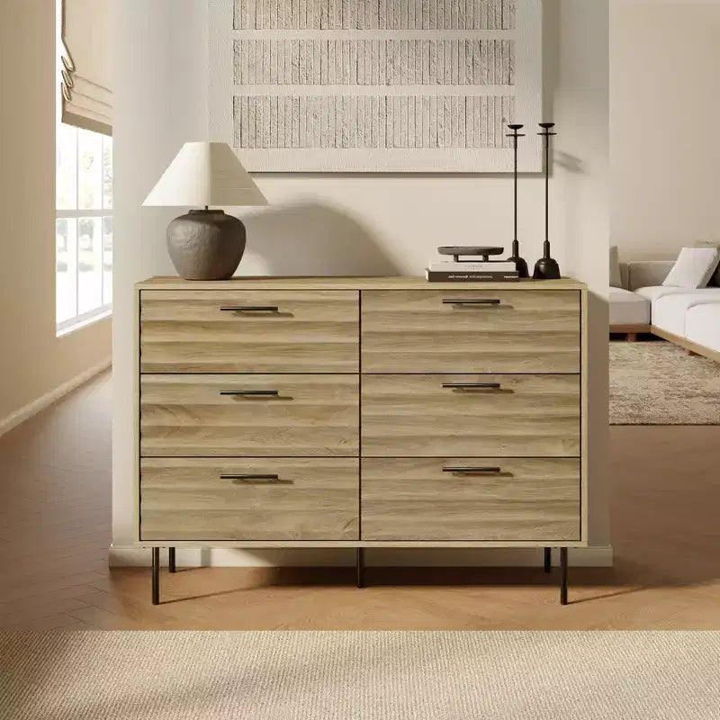 Mid-Century Modern Wave 6-Drawer 47.2-Inch Wide Dresser Brown