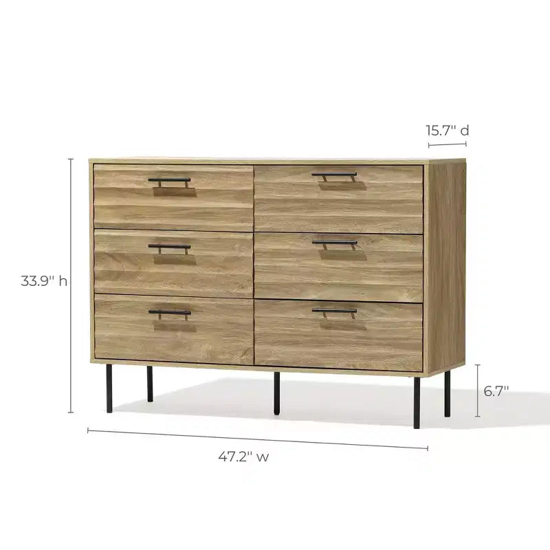 Mid-Century Modern Wave 6-Drawer 47.2-Inch Wide Dresser Brown