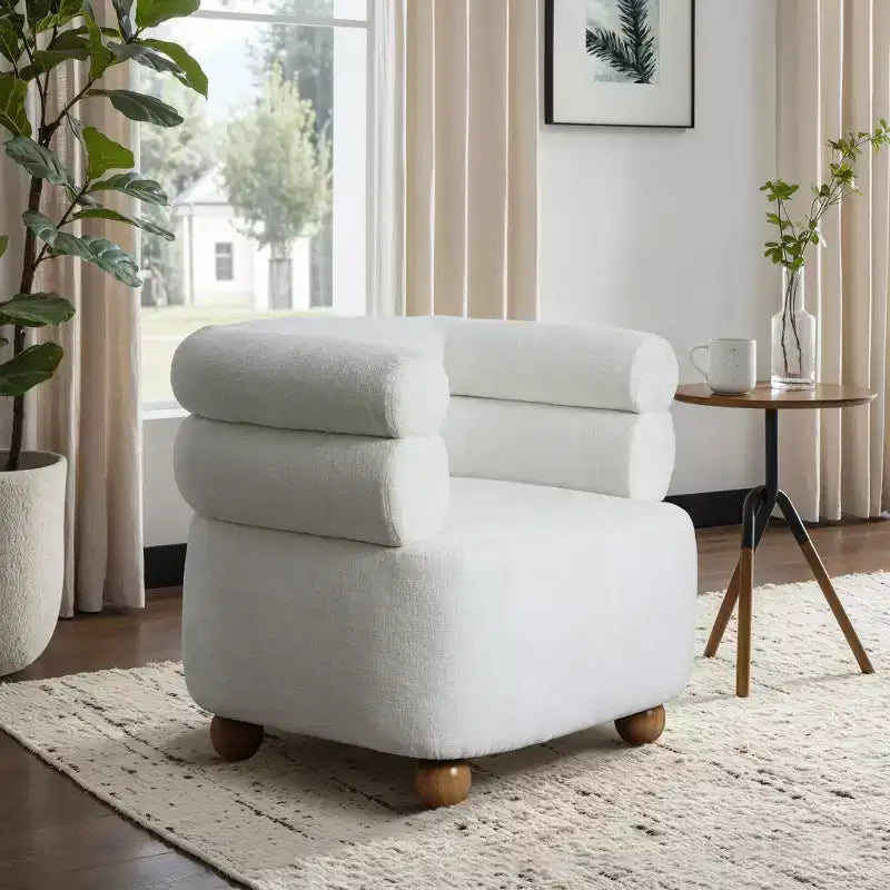 Modern Upholstered Ivory Barrel Accent Chair with Wood Ball Legs Beige