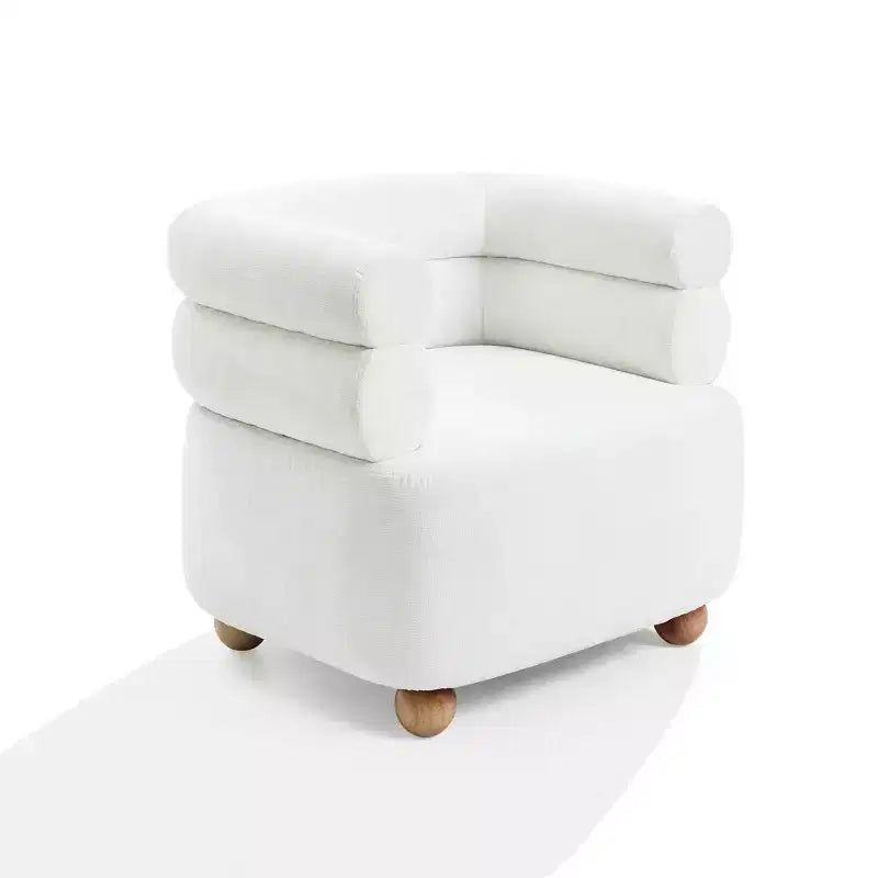 Modern Upholstered Ivory Barrel Accent Chair with Wood Ball Legs Beige