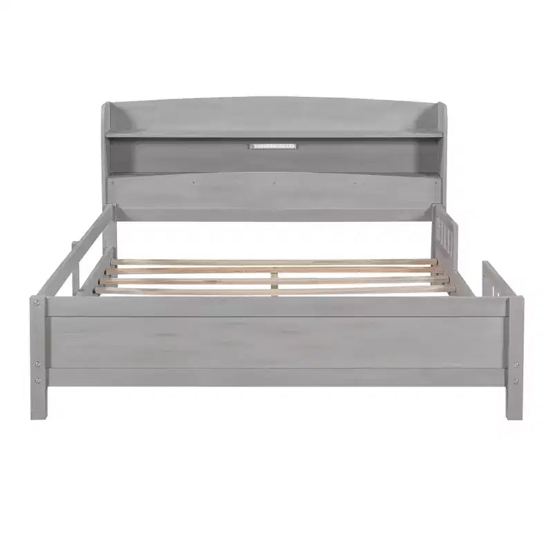 Whisen Wood Full Size Platform Bed with Built-in LED Light, Storage Headboard and Guardrail