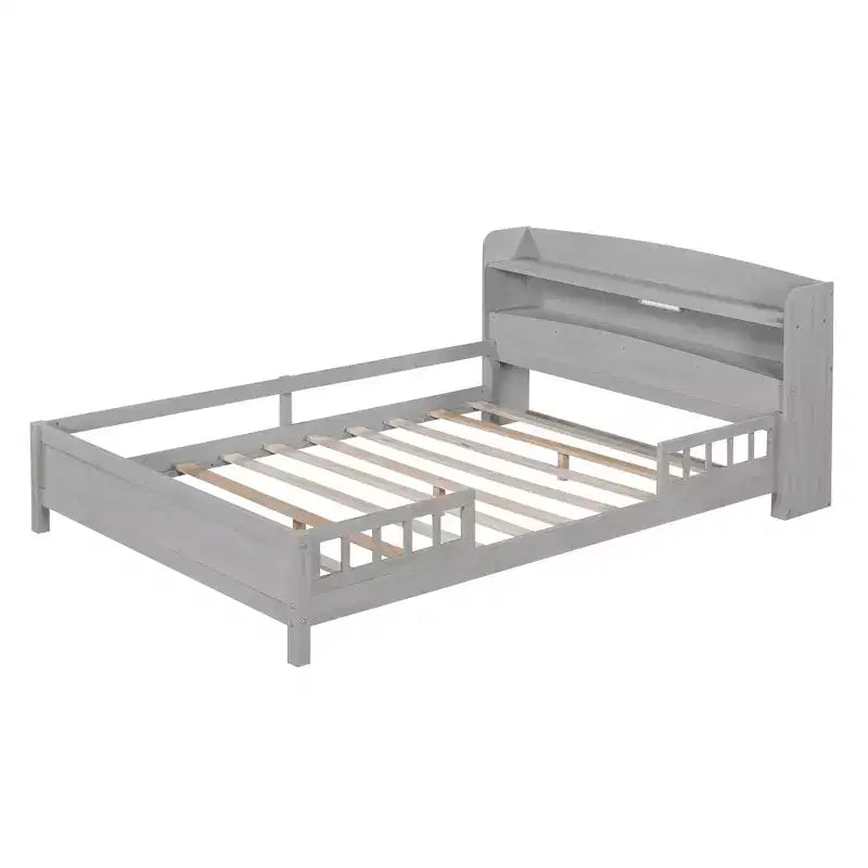 Whisen Wood Full Size Platform Bed with Built-in LED Light, Storage Headboard and Guardrail