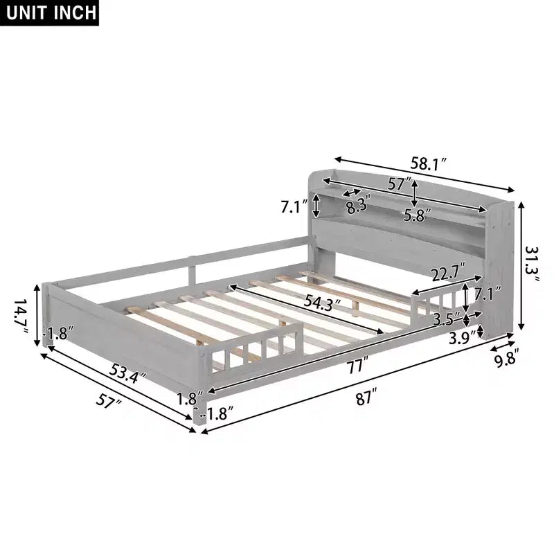 Whisen Wood Full Size Platform Bed with Built-in LED Light, Storage Headboard and Guardrail