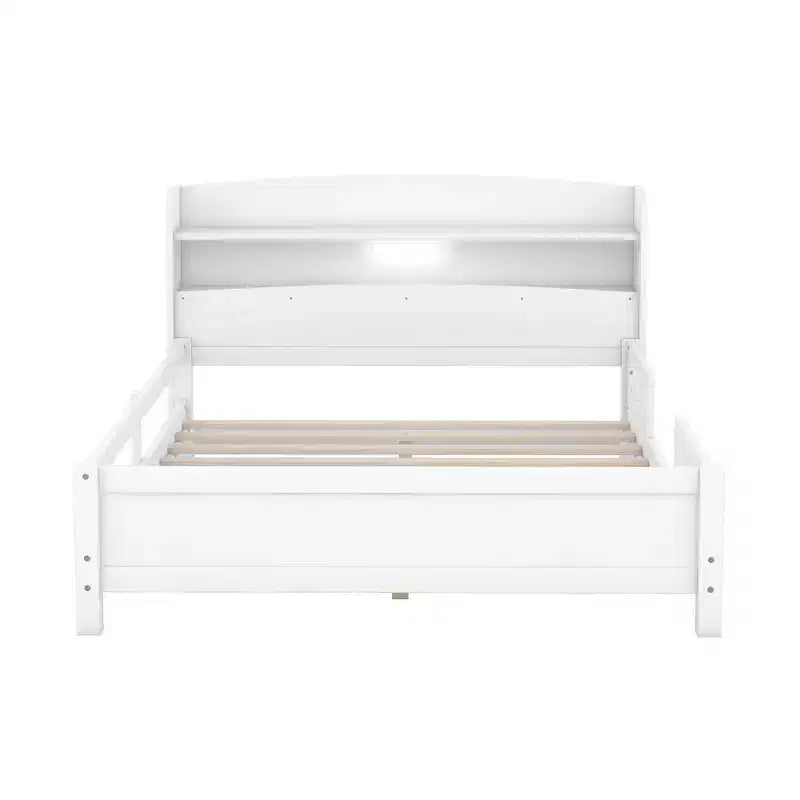 Whisen Wood Full Size Platform Bed with Built-in LED Light, Storage Headboard and Guardrail