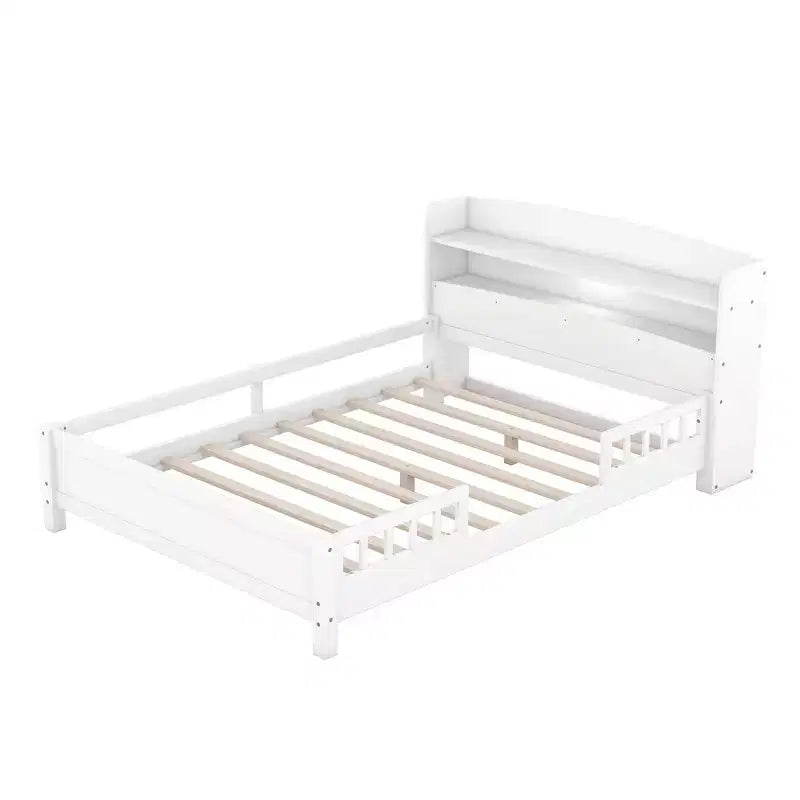 Whisen Wood Full Size Platform Bed with Built-in LED Light, Storage Headboard and Guardrail