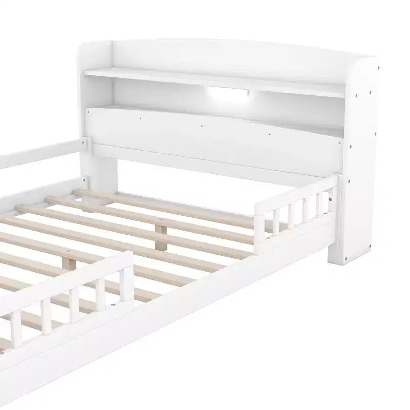 Whisen Wood Full Size Platform Bed with Built-in LED Light, Storage Headboard and Guardrail