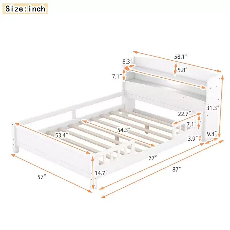 Whisen Wood Full Size Platform Bed with Built-in LED Light, Storage Headboard and Guardrail