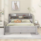 Whisen Wood Full Size Platform Bed with Built-in LED Light, Storage Headboard and Guardrail