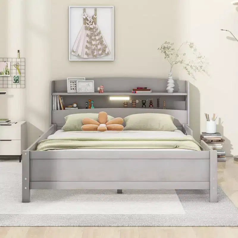 Whisen Wood Full Size Platform Bed with Built-in LED Light, Storage Headboard and Guardrail