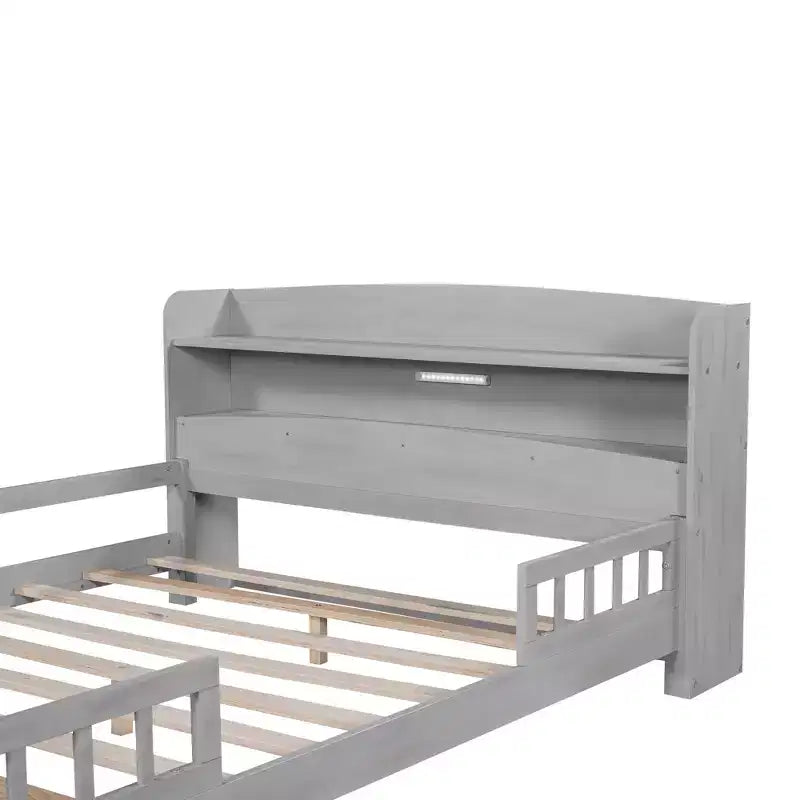 Whisen Wood Full Size Platform Bed with Built-in LED Light, Storage Headboard and Guardrail