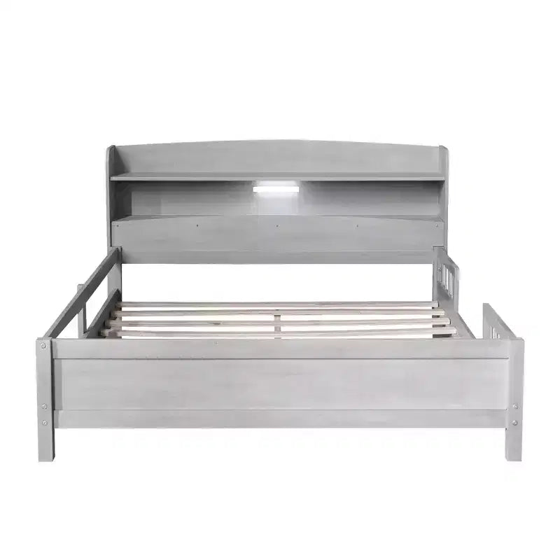 Whisen Wood Full Size Platform Bed with Built-in LED Light, Storage Headboard and Guardrail