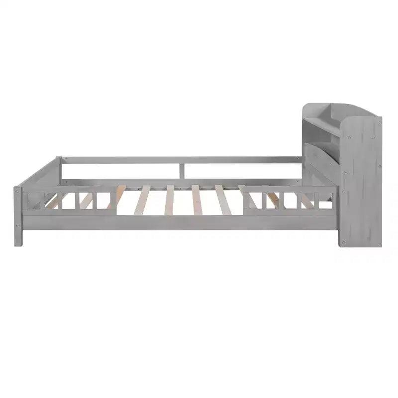 Whisen Wood Full Size Platform Bed with Built-in LED Light, Storage Headboard and Guardrail