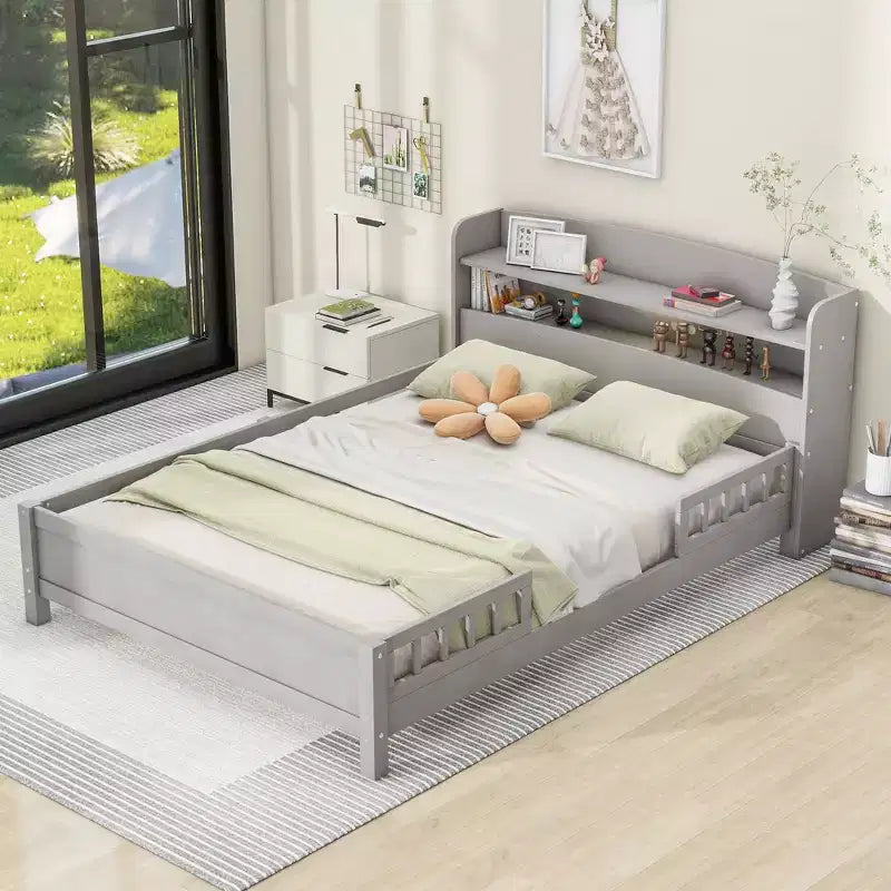Whisen Wood Full Size Platform Bed with Built-in LED Light, Storage Headboard and Guardrail