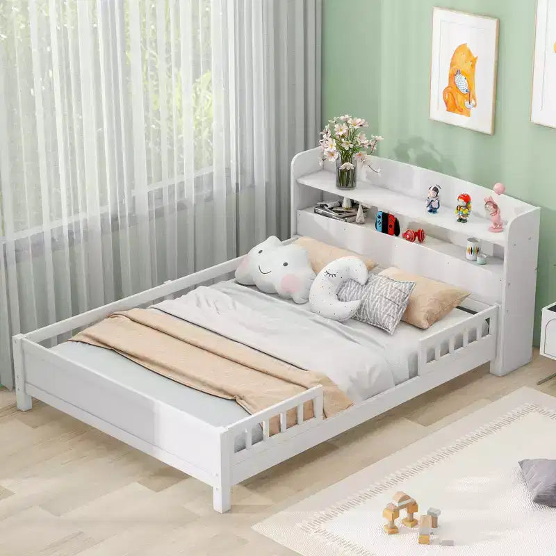 Whisen Wood Full Size Platform Bed with Built-in LED Light, Storage Headboard and Guardrail