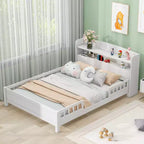Whisen Wood Full Size Platform Bed with Built-in LED Light, Storage Headboard and Guardrail