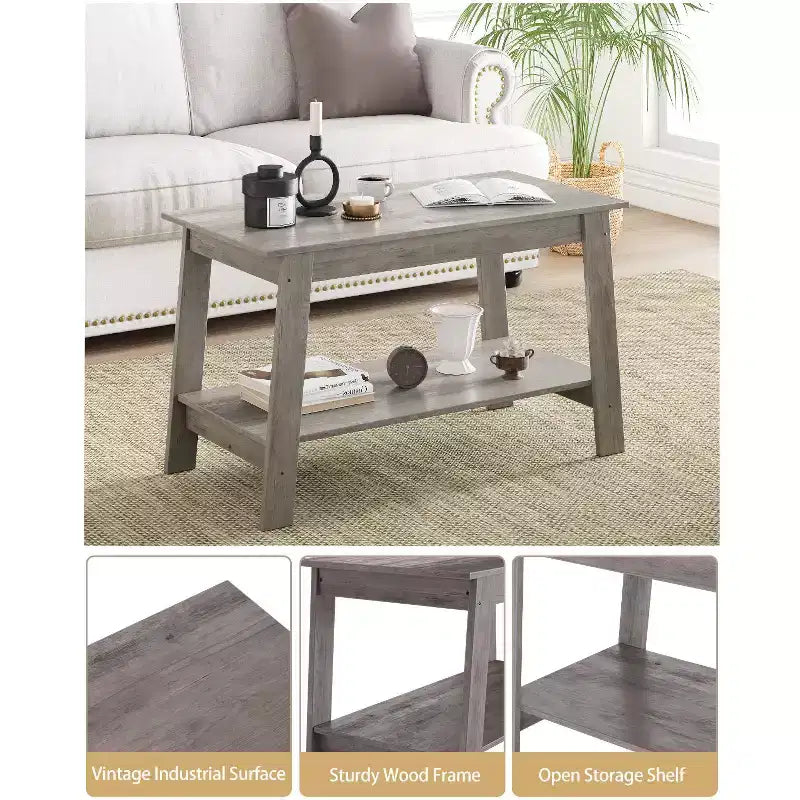 31.49 Rustic Coffee Table - 2-Tier Modern Farmhouse Side Table for Living Room, Home, Office & Outdoor