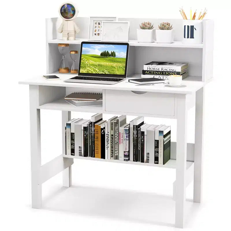 Computer Desk with Power Outlets and USB Ports & Type-C Hutch Open Shelf Drawer Black/White