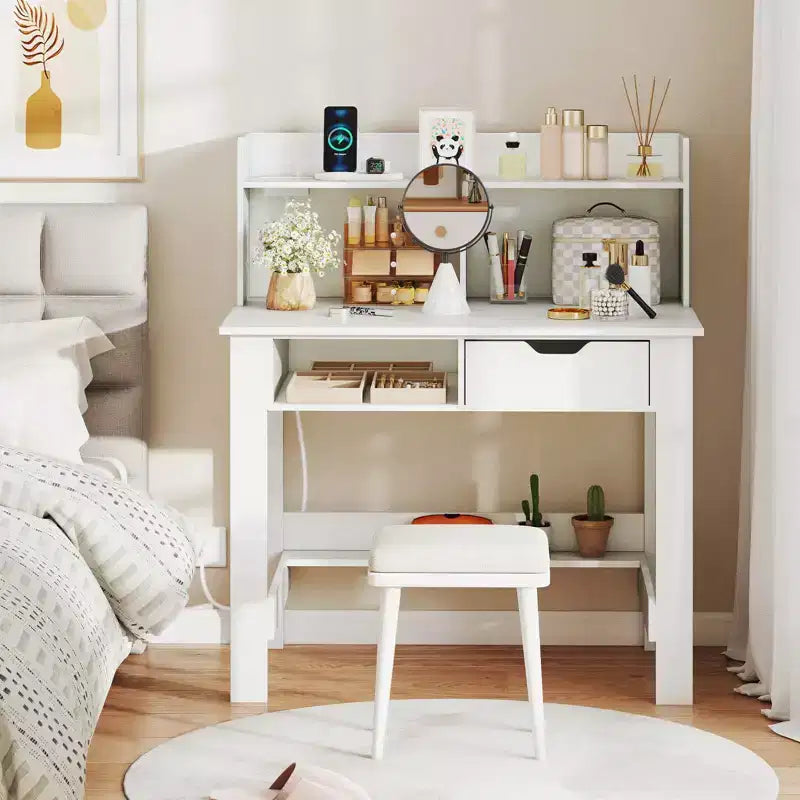 Computer Desk with Power Outlets and USB Ports & Type-C Hutch Open Shelf Drawer Black/White