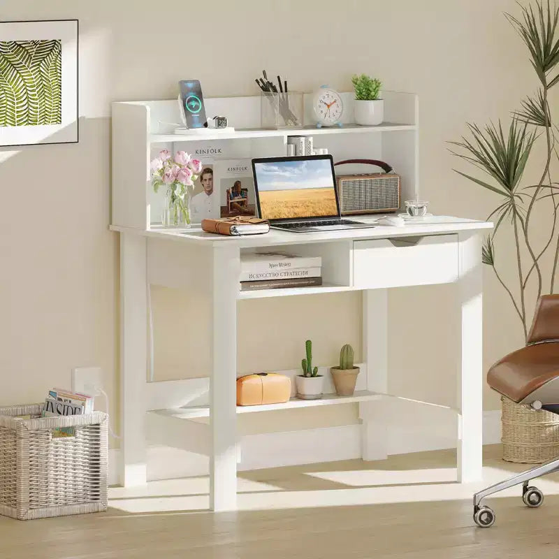 Computer Desk with Power Outlets and USB Ports & Type-C Hutch Open Shelf Drawer Black/White