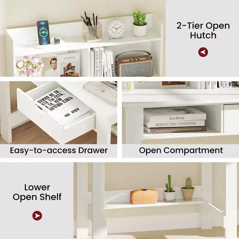 Computer Desk with Power Outlets and USB Ports & Type-C Hutch Open Shelf Drawer Black/White