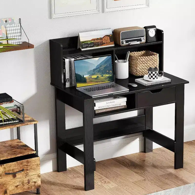Computer Desk with Power Outlets and USB Ports & Type-C Hutch Open Shelf Drawer Black/White