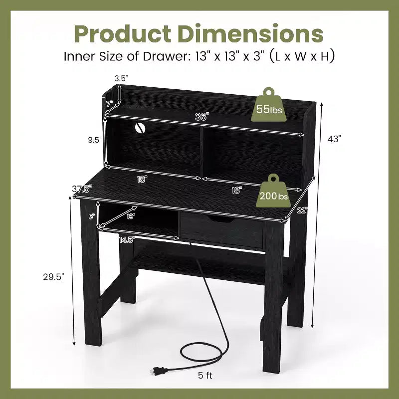Computer Desk with Power Outlets and USB Ports & Type-C Hutch Open Shelf Drawer Black/White