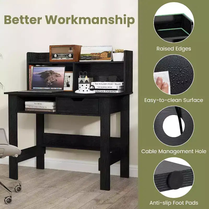 Computer Desk with Power Outlets and USB Ports & Type-C Hutch Open Shelf Drawer Black/White