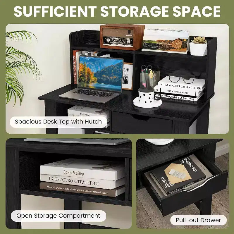 Computer Desk with Power Outlets and USB Ports & Type-C Hutch Open Shelf Drawer Black/White