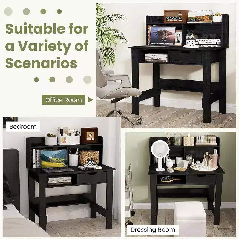 Computer Desk with Power Outlets and USB Ports & Type-C Hutch Open Shelf Drawer Black/White