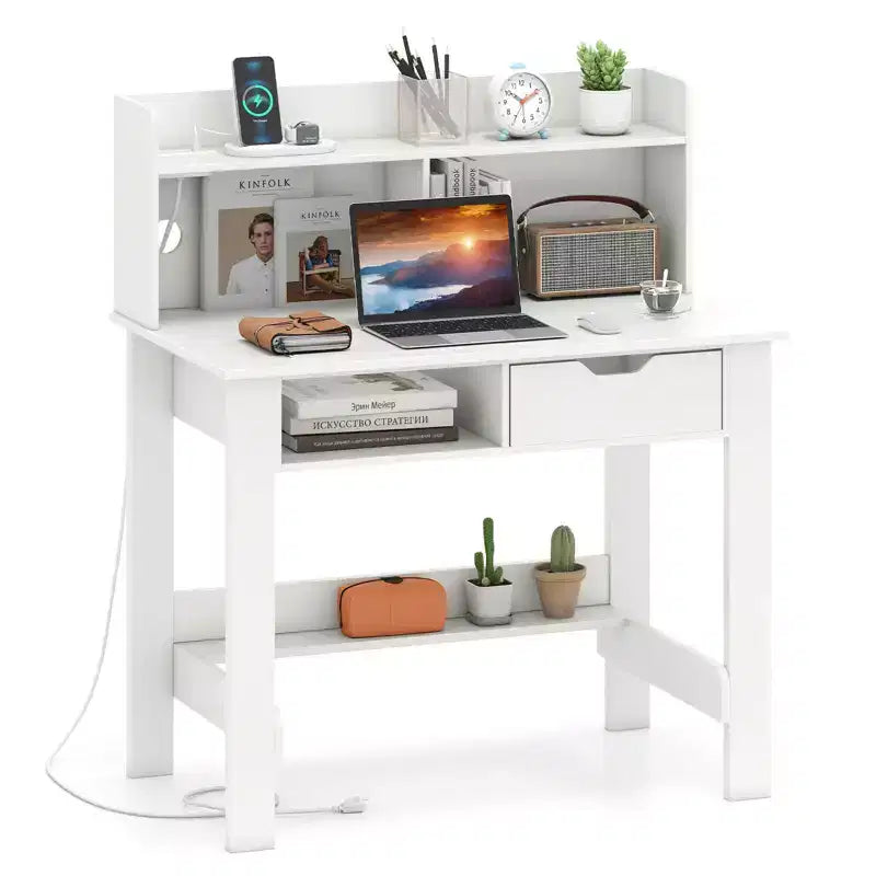 Computer Desk with Power Outlets and USB Ports & Type-C Hutch Open Shelf Drawer Black/White