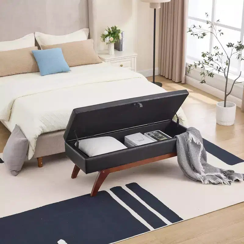 Teddy Wool Fabric Bed End Stool with Solid Wood Feet and Storage Function