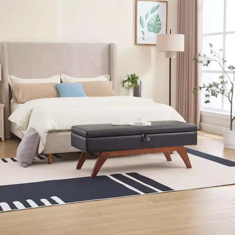 Teddy Wool Fabric Bed End Stool with Solid Wood Feet and Storage Function
