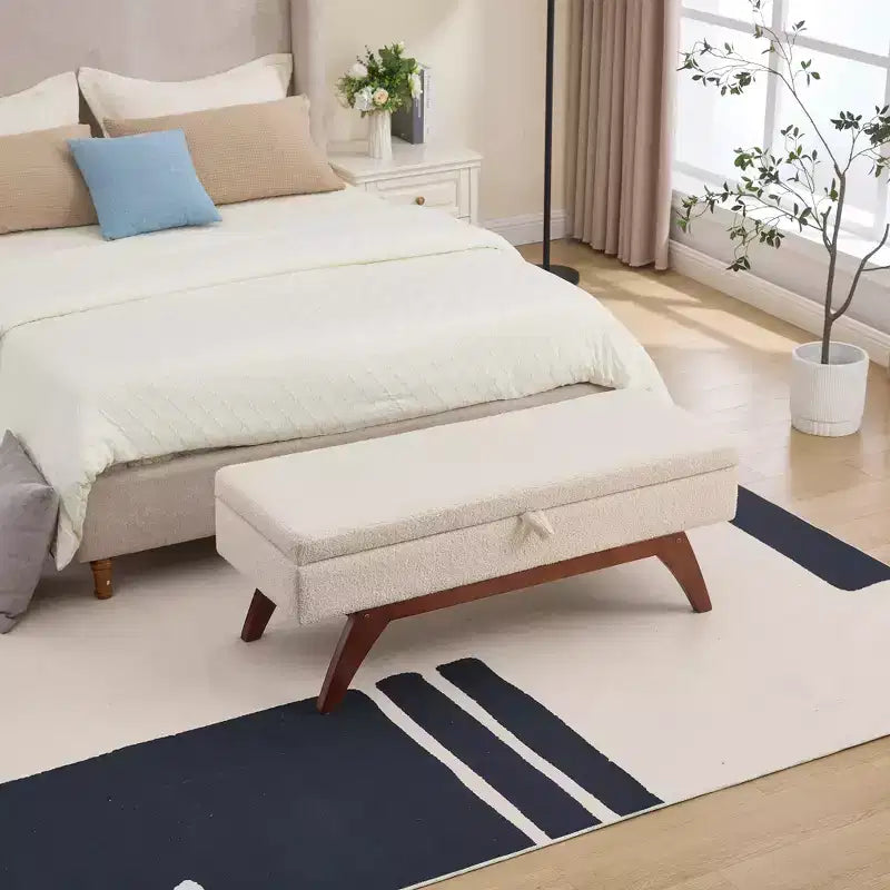 Teddy Wool Fabric Bed End Stool with Solid Wood Feet and Storage Function