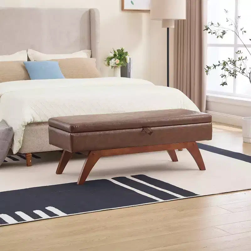Teddy Wool Fabric Bed End Stool with Solid Wood Feet and Storage Function