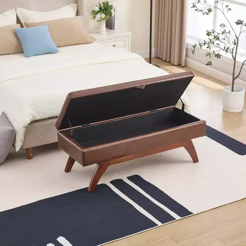Teddy Wool Fabric Bed End Stool with Solid Wood Feet and Storage Function