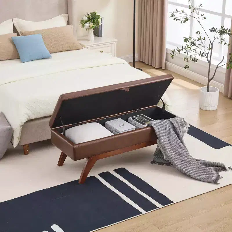 Teddy Wool Fabric Bed End Stool with Solid Wood Feet and Storage Function