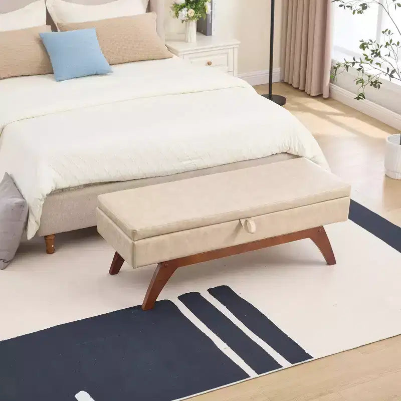 Teddy Wool Fabric Bed End Stool with Solid Wood Feet and Storage Function