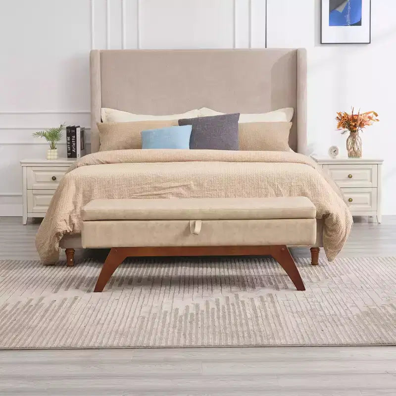 Teddy Wool Fabric Bed End Stool with Solid Wood Feet and Storage Function