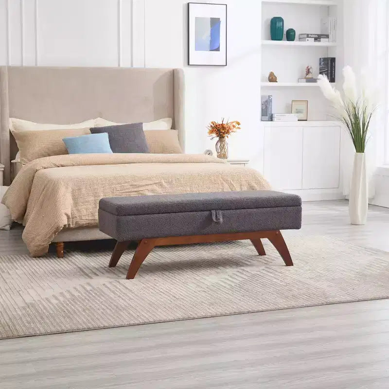Teddy Wool Fabric Bed End Stool with Solid Wood Feet and Storage Function