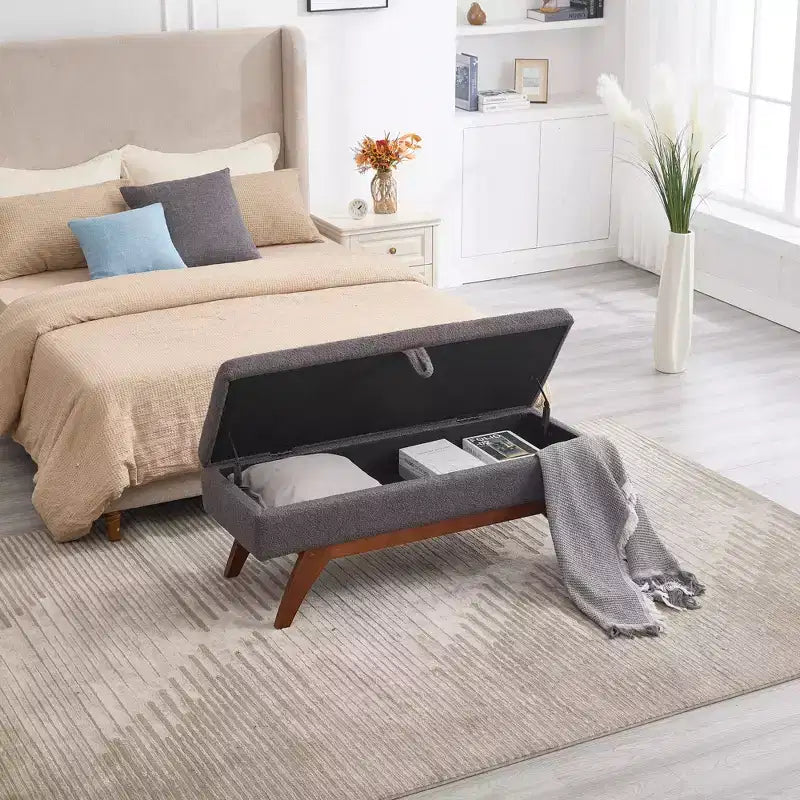 Teddy Wool Fabric Bed End Stool with Solid Wood Feet and Storage Function