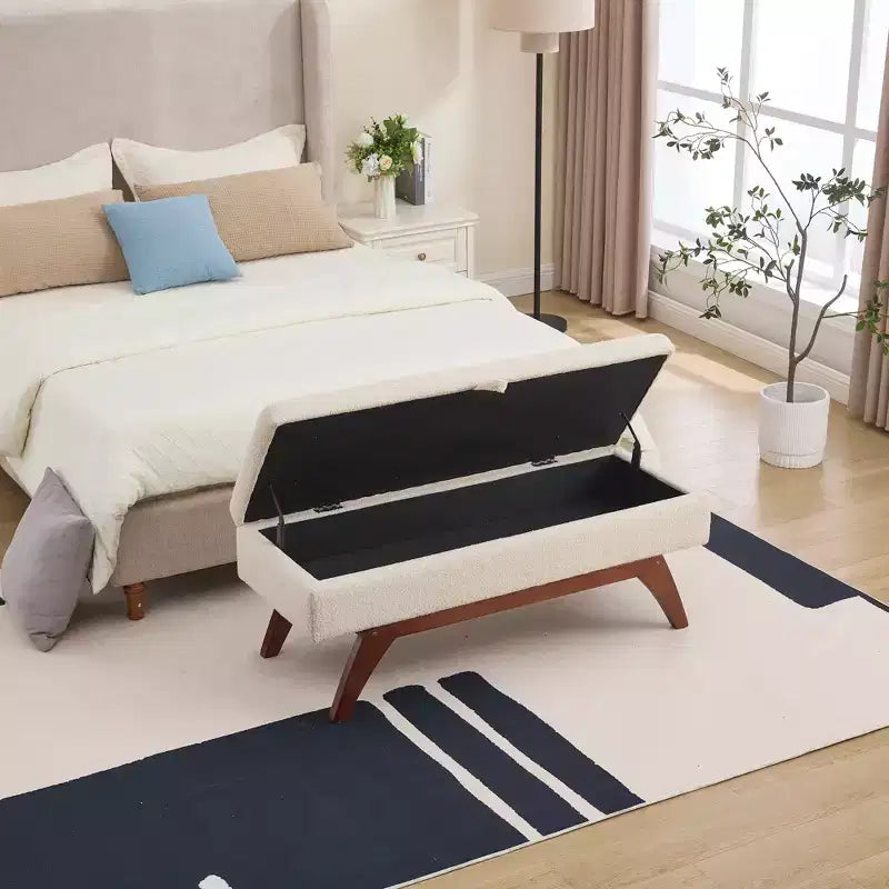 Teddy Wool Fabric Bed End Stool with Solid Wood Feet and Storage Function