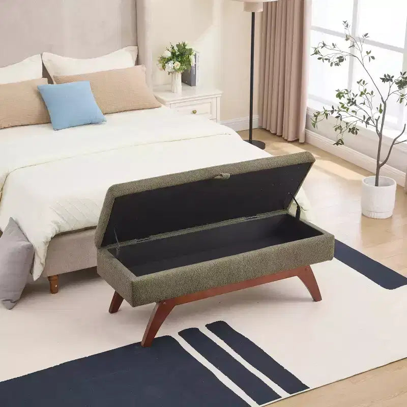 Teddy Wool Fabric Bed End Stool with Solid Wood Feet and Storage Function