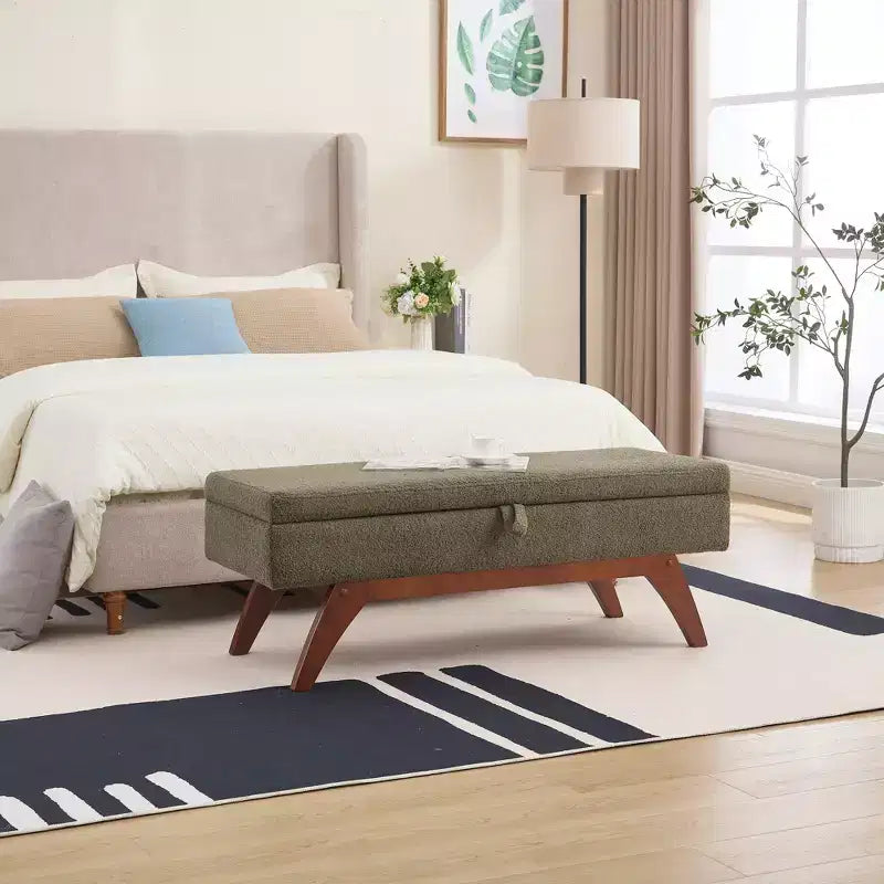 Teddy Wool Fabric Bed End Stool with Solid Wood Feet and Storage Function
