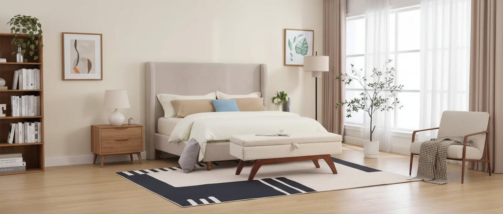 Zeus & Ruta Teddy Wool Fabric Bed End Stool with Solid Wood Feet and Storage Function