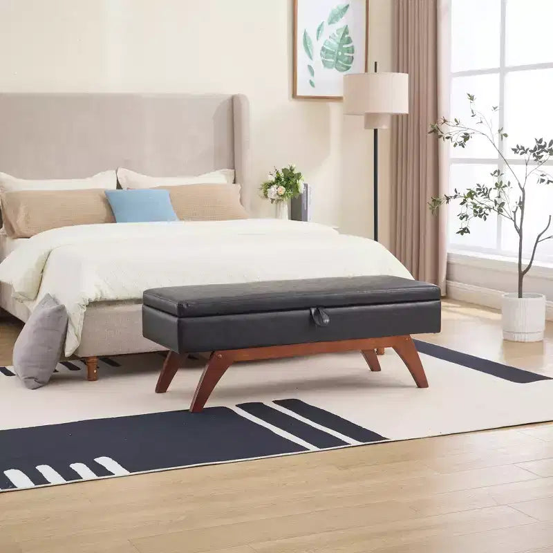 Teddy Wool Fabric Bed End Stool with Solid Wood Feet and Storage Function
