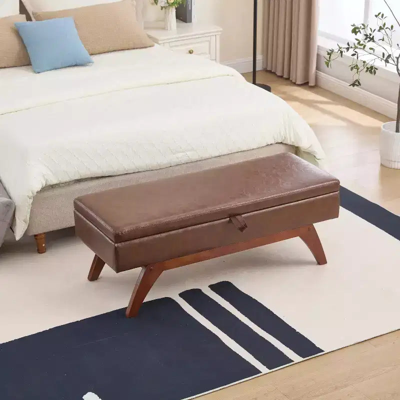 Teddy Wool Fabric Bed End Stool with Solid Wood Feet and Storage Function