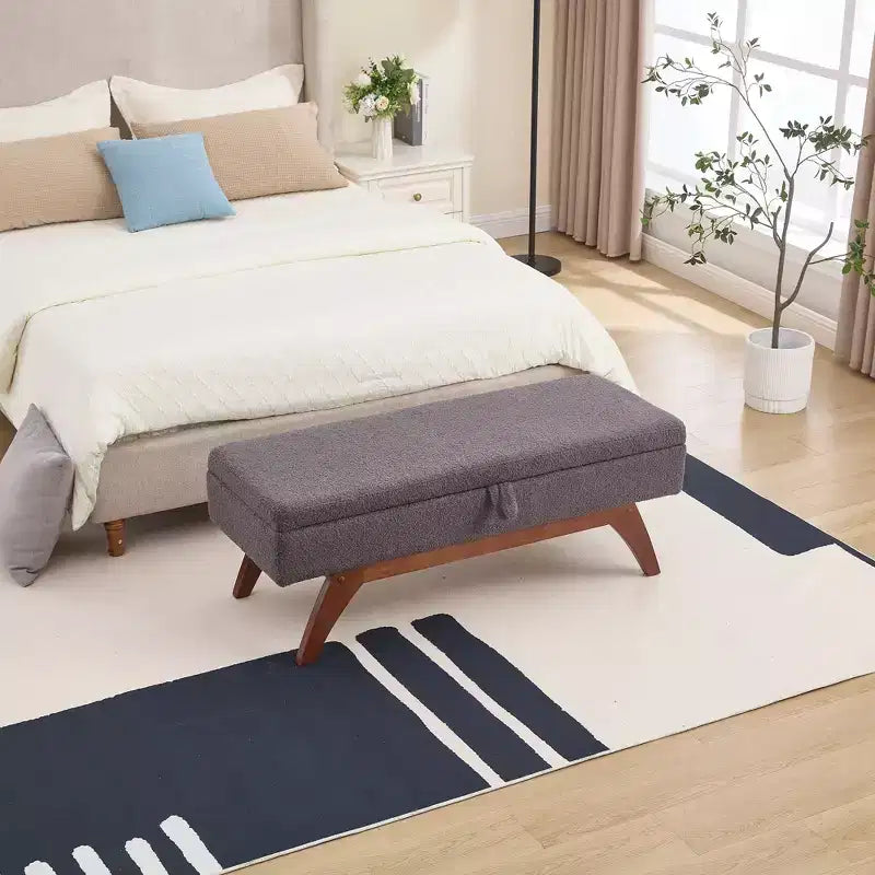 Teddy Wool Fabric Bed End Stool with Solid Wood Feet and Storage Function