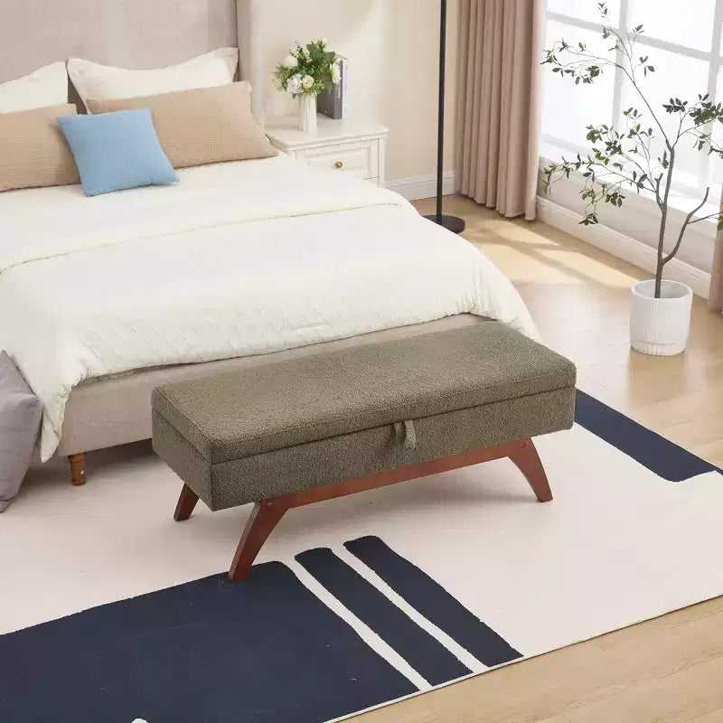 Teddy Wool Fabric Bed End Stool with Solid Wood Feet and Storage Function
