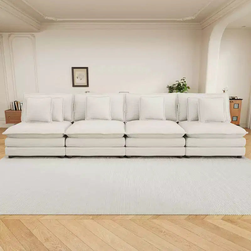141.6 Modern Modular Sofa Upholsteres Corduroy with Four Pillows for Living Room Beige