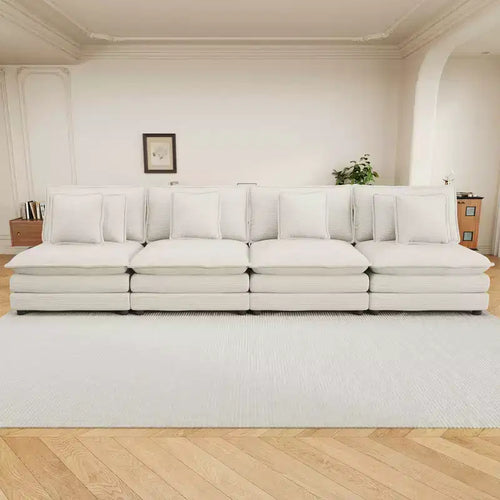 141.6 Modern Modular Sofa Upholsteres Corduroy with Four Pillows for Living Room Beige